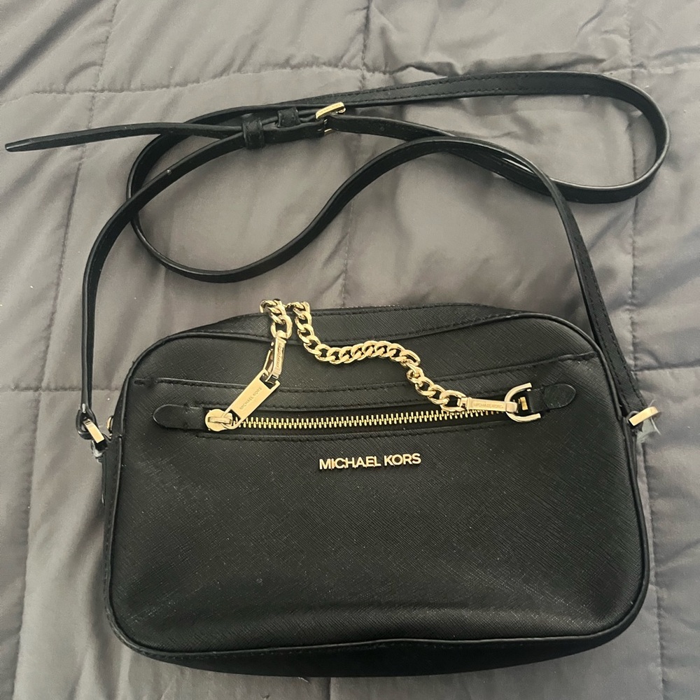 Michael Kors Black Leather Crossbody with Gold Chain Trim